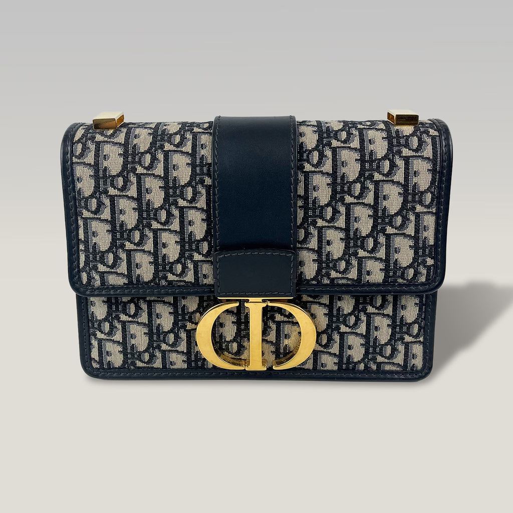 Dior 30 Montaigne Oblique Canvas Blue Shoulder Bag with Gold CD Clasp