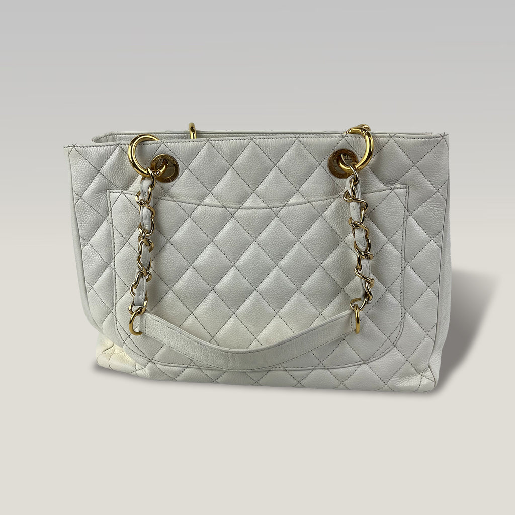 Chanel GST Medium Timeless Shopping Tote Bag in White Caviar Leather with Gold Hardware