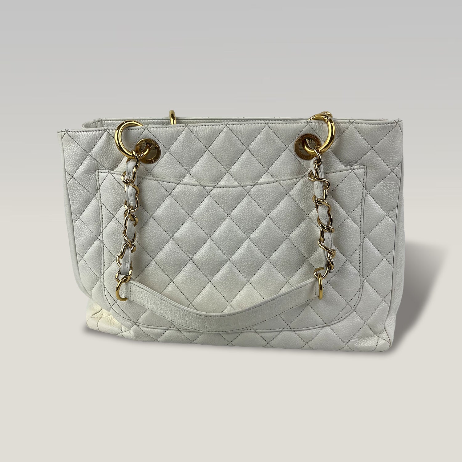 Chanel GST Medium Timeless Shopping Tote Bag in White Caviar Leather with Gold Hardware