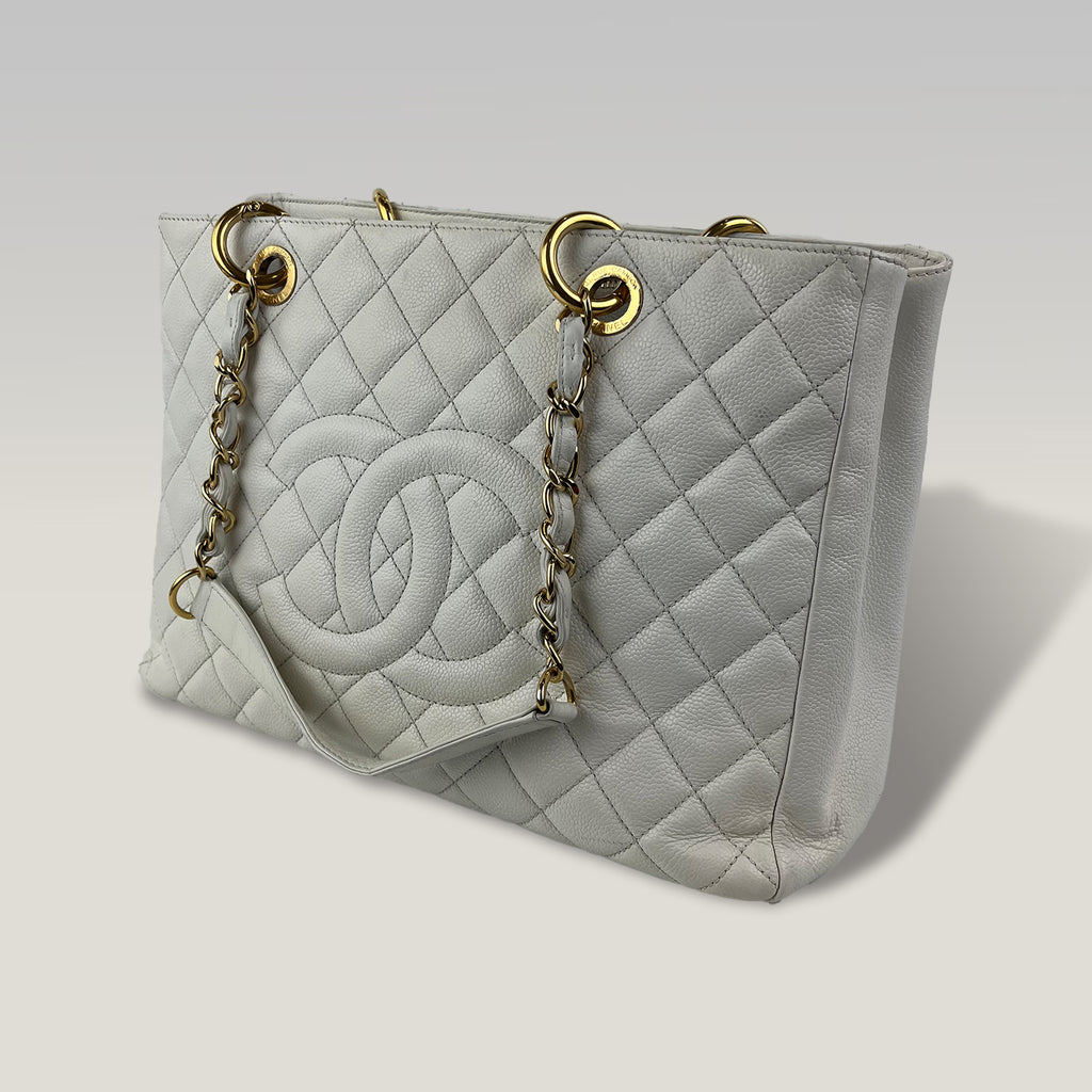 Chanel GST Medium Timeless Shopping Tote Bag in White Caviar Leather with Gold Hardware