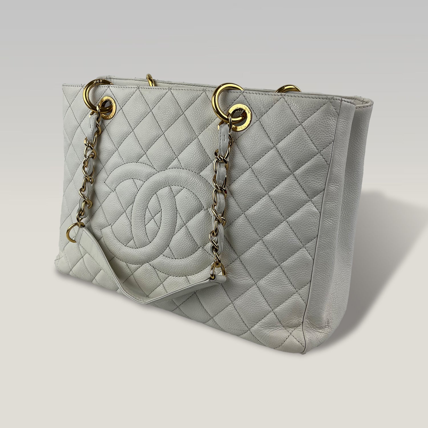 Chanel GST Medium Timeless Shopping Tote Bag in White Caviar Leather with Gold Hardware