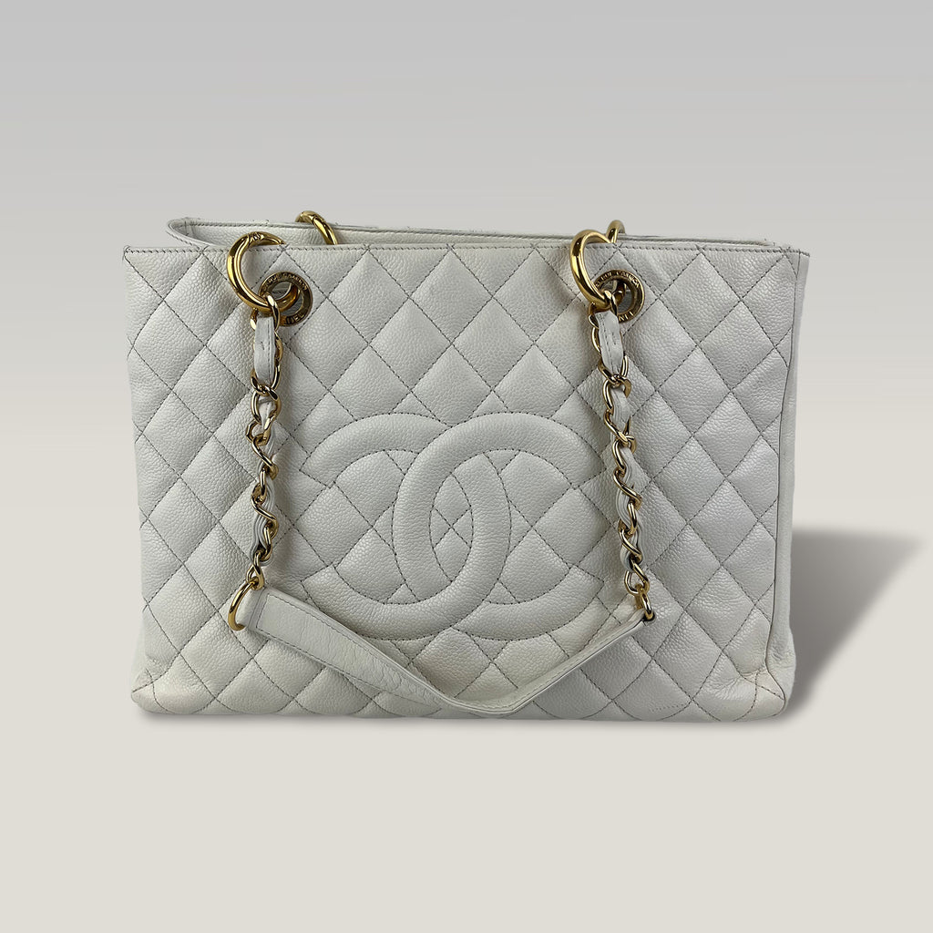 Chanel GST Medium Timeless Shopping Tote Bag in White Caviar Leather with Gold Hardware