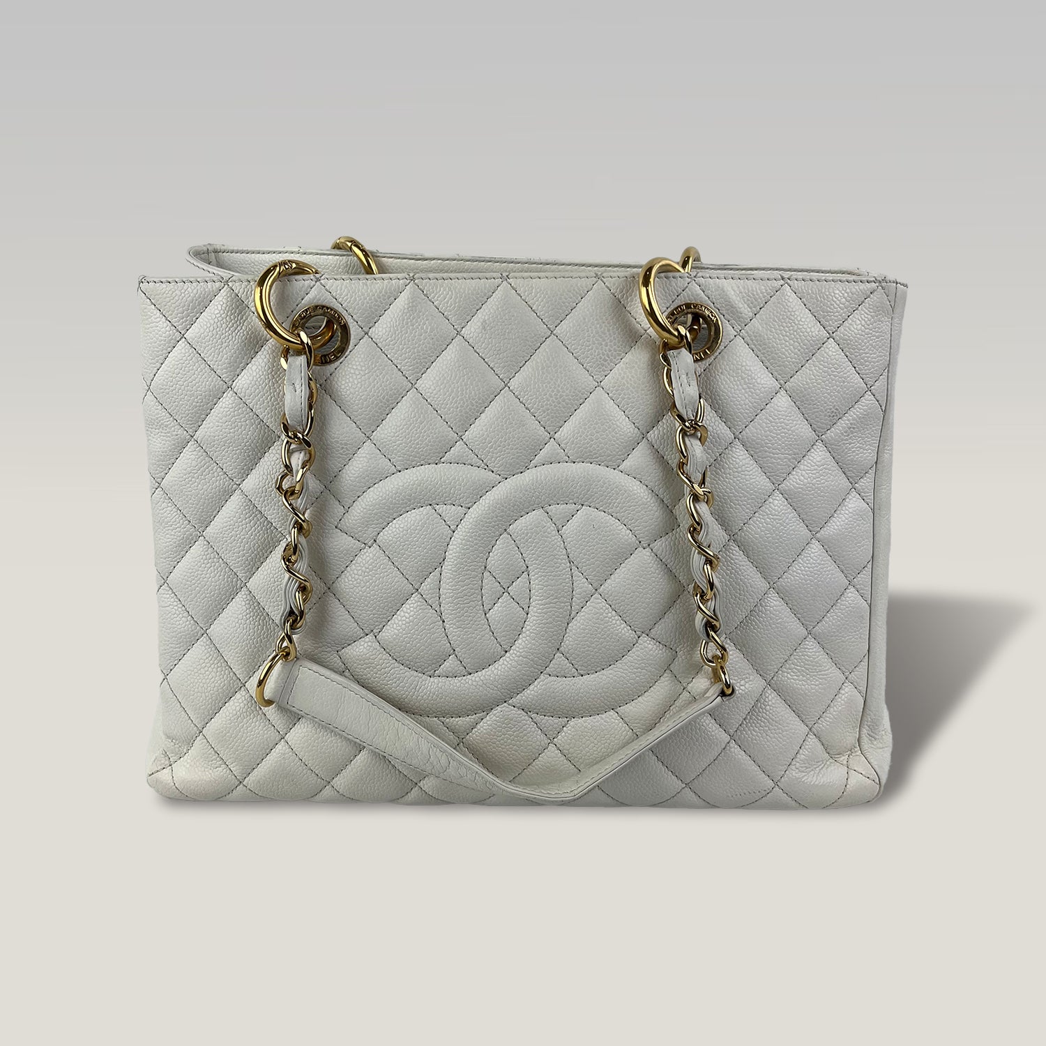 Chanel GST Medium Timeless Shopping Tote Bag in White Caviar Leather with Gold Hardware