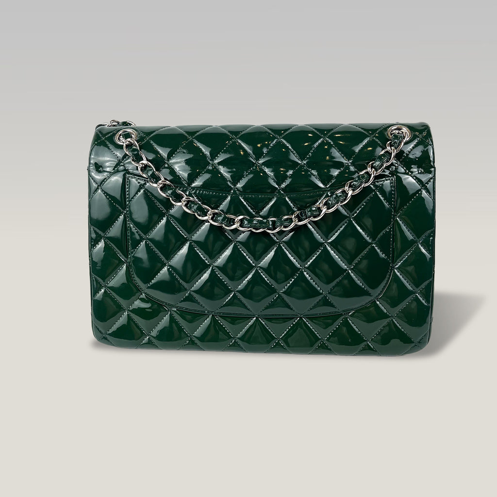 Chanel Jumbo Classic Double Flap Borsa in Pelle Verniciata Blu Petrolio con Hardware Argento