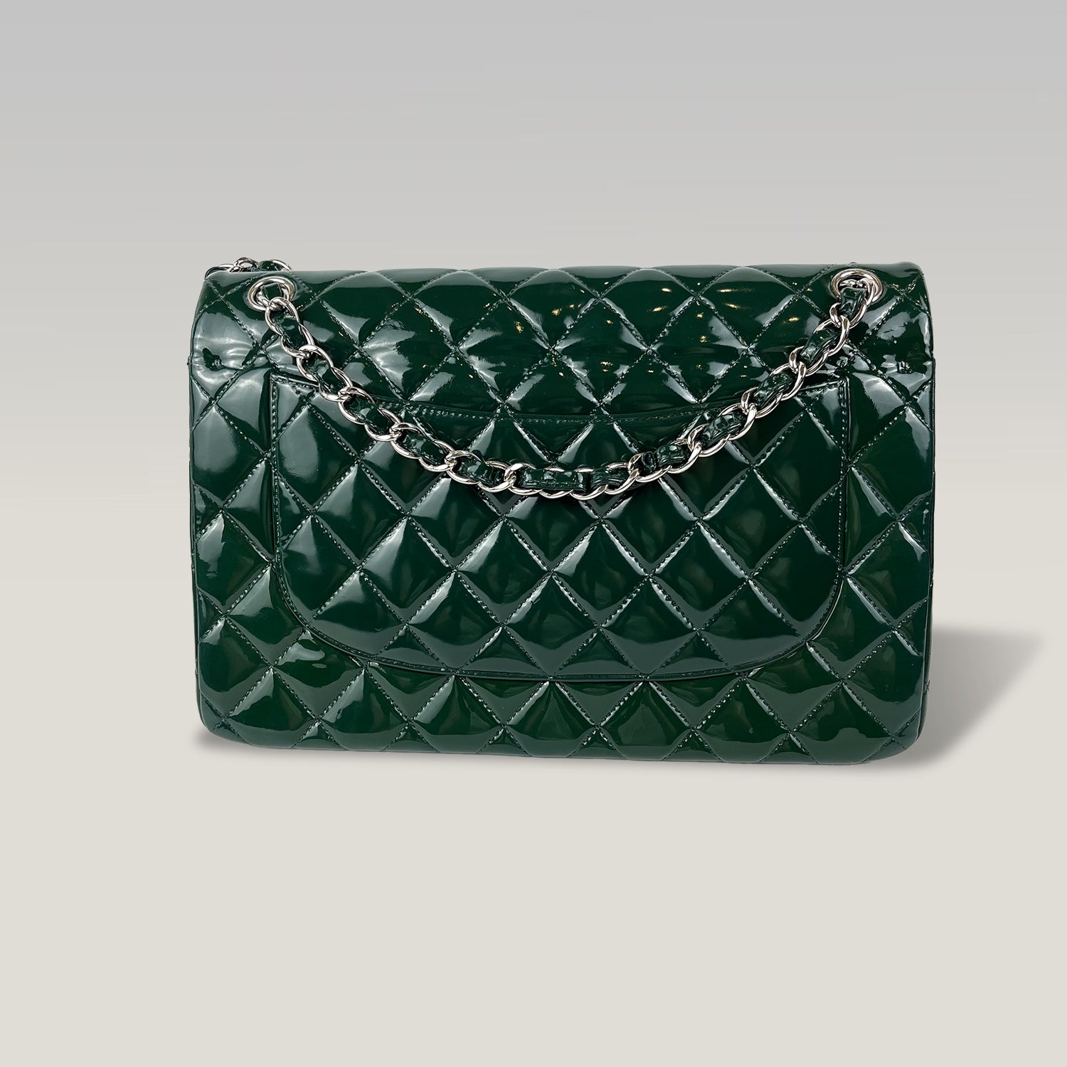 Chanel Jumbo Classic Double Flap Borsa in Pelle Verniciata Blu Petrolio con Hardware Argento