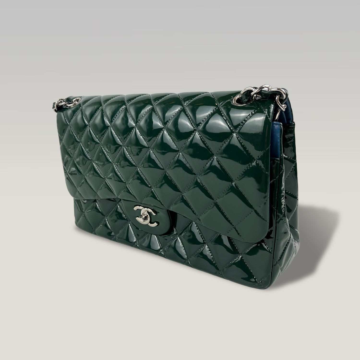 Chanel Jumbo Classic Double Flap Borsa in Pelle Verniciata Blu Petrolio con Hardware Argento