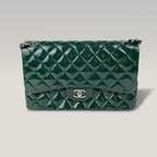 Chanel Jumbo Classic Double Flap Borsa in Pelle Verniciata Blu Petrolio con Hardware Argento