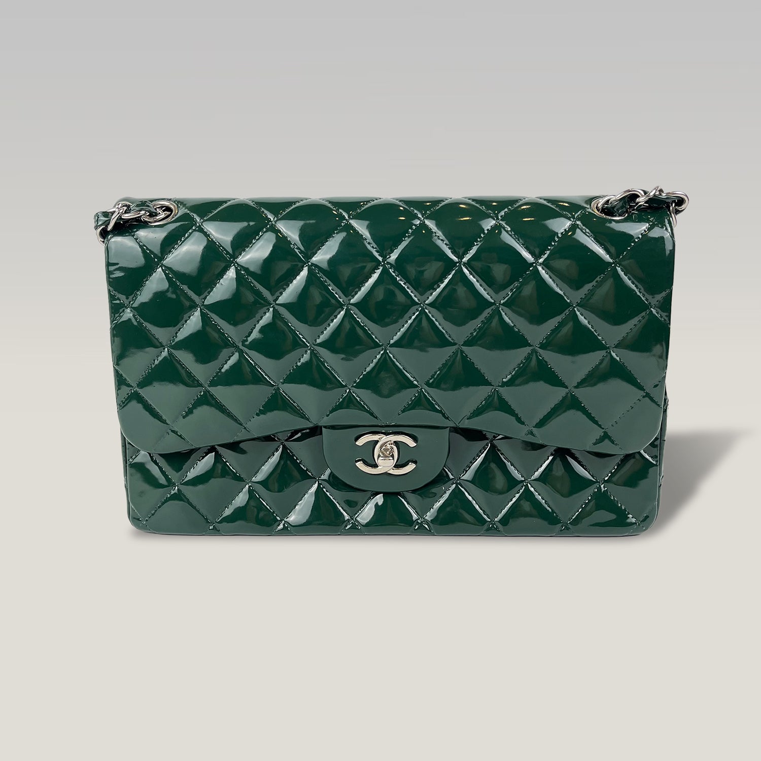 Chanel Jumbo Classic Double Flap Borsa in Pelle Verniciata Blu Petrolio con Hardware Argento