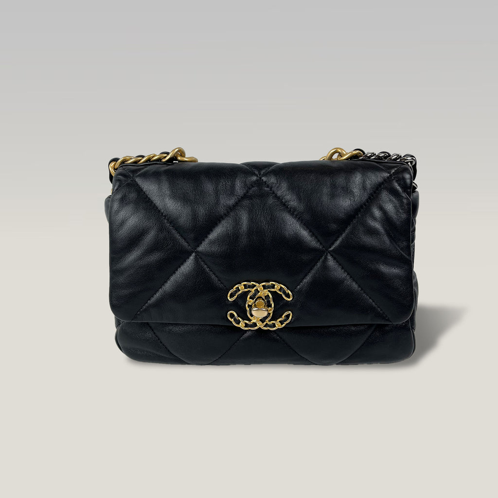 Chanel 19 Small Borsa Donna in Pelle Nera Matelassé con Catena e Hardware Misto