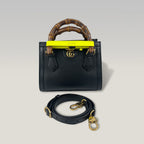 Gucci Diana Mini in Pelle Nera con Manici in Bambù e Fasce Gialle – Borsa a Mano e a Tracolla