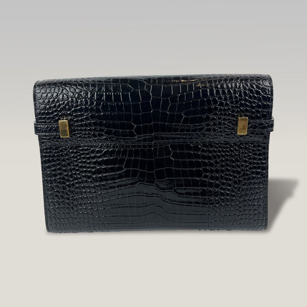 Saint Laurent Manhattan Medium Croc-Embossed Leather Shoulder Bag in Dark Green with Gold Hardware