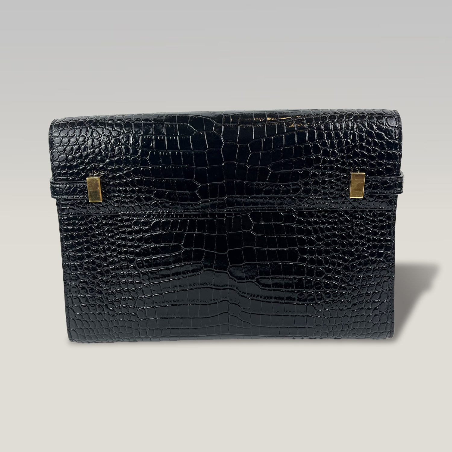 Saint Laurent Manhattan Medium Croc-Embossed Leather Shoulder Bag in Dark Green with Gold Hardware
