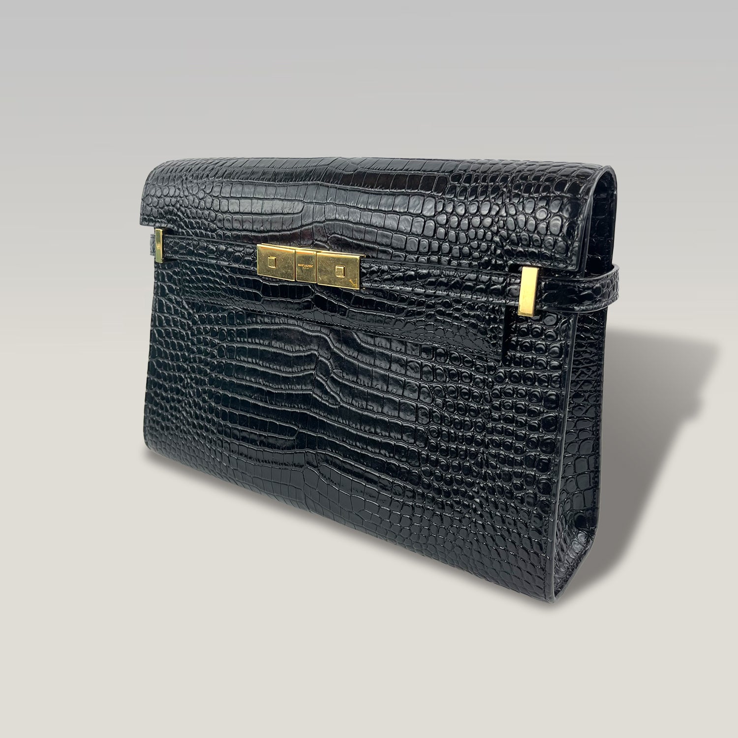 Saint Laurent Manhattan Medium Croc-Embossed Leather Shoulder Bag in Dark Green with Gold Hardware