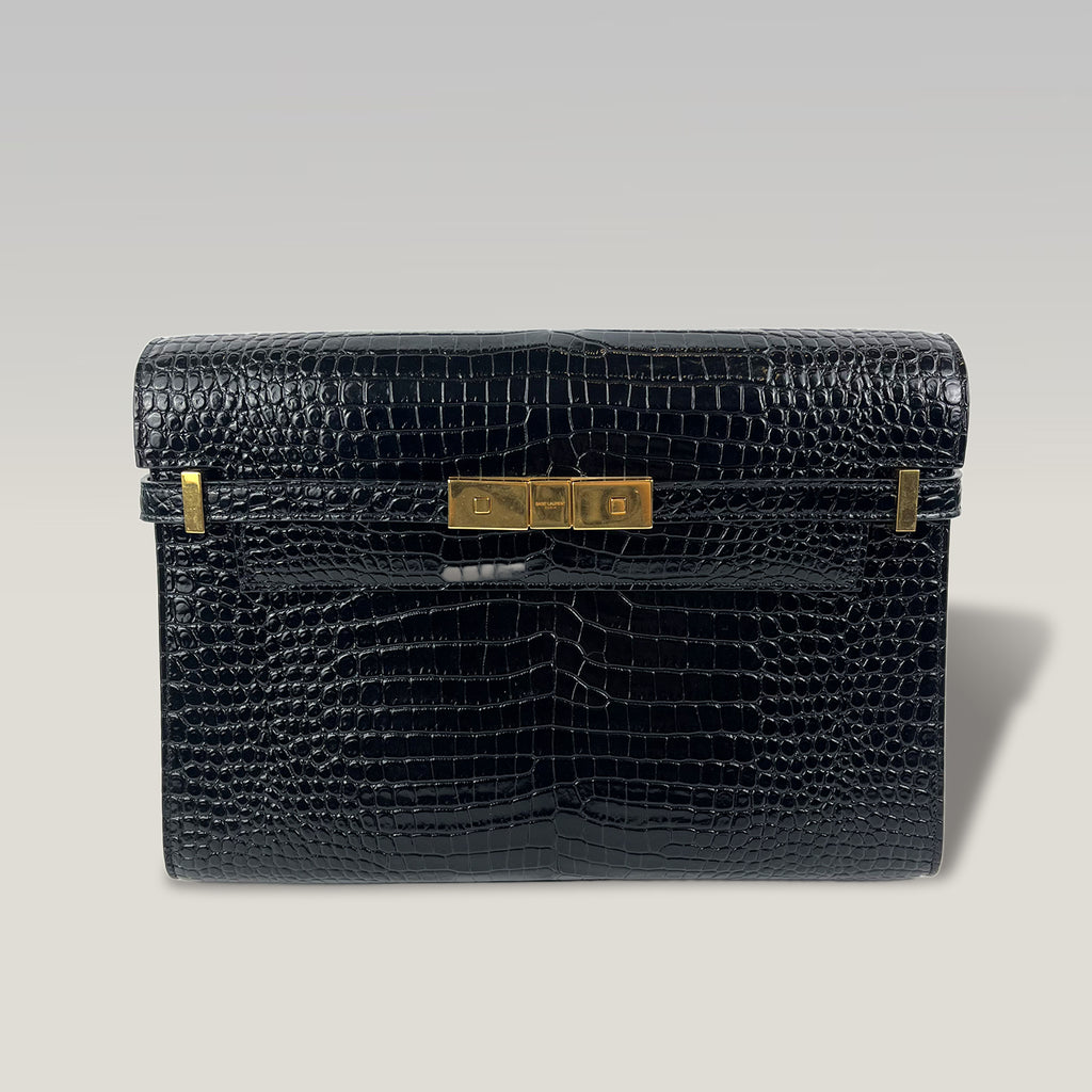 Saint Laurent Manhattan Medium Croc-Embossed Leather Shoulder Bag in Dark Green with Gold Hardware