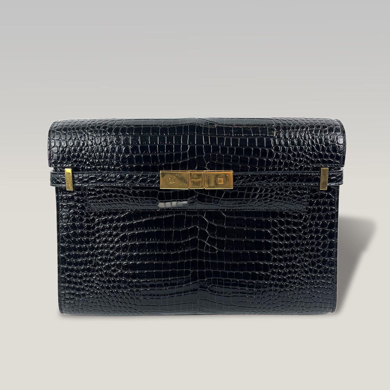 Saint Laurent Manhattan Medium Croc-Embossed Leather Shoulder Bag in Dark Green with Gold Hardware