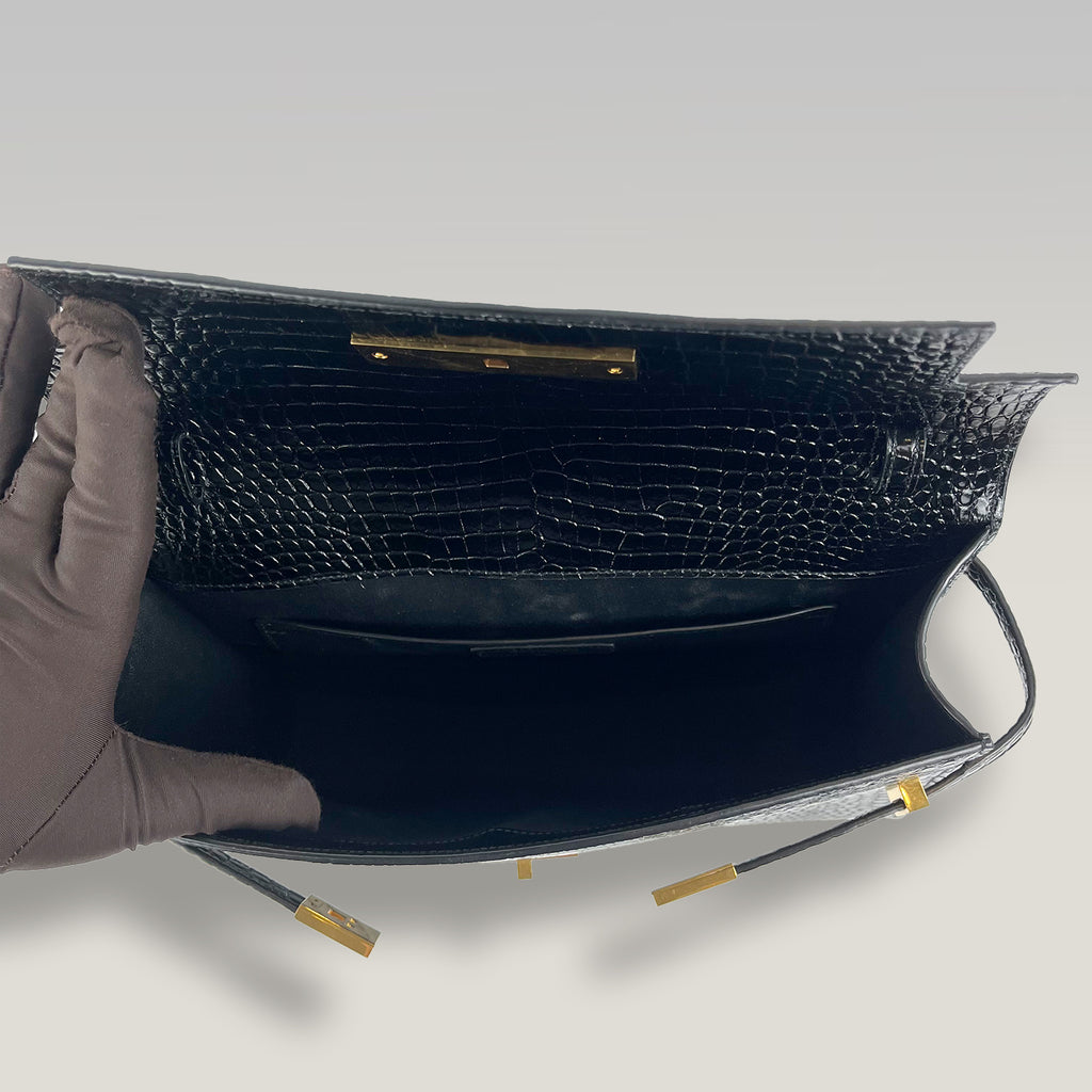 Saint Laurent Manhattan Medium Croc-Embossed Leather Shoulder Bag in Dark Green with Gold Hardware
