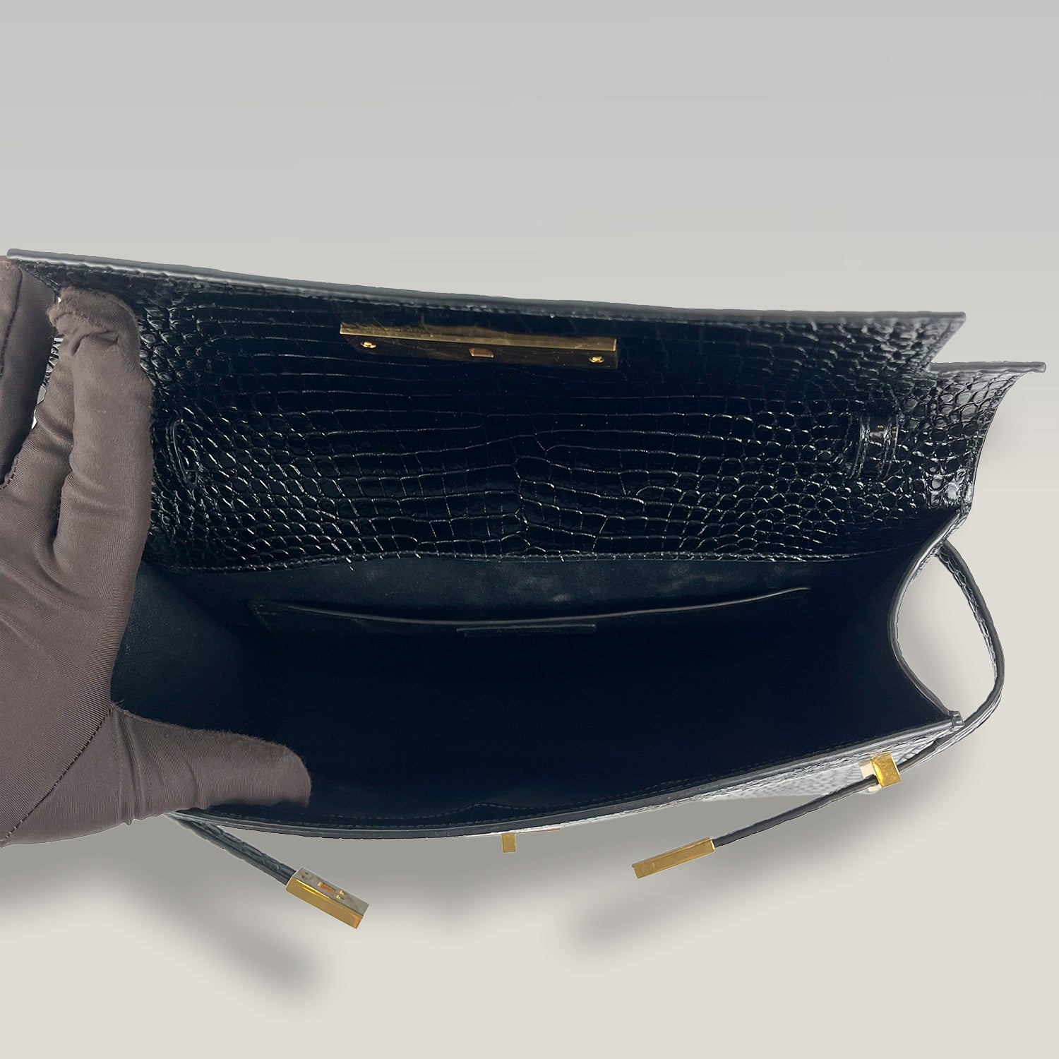 Saint Laurent Manhattan Medium Croc-Embossed Leather Shoulder Bag in Dark Green with Gold Hardware