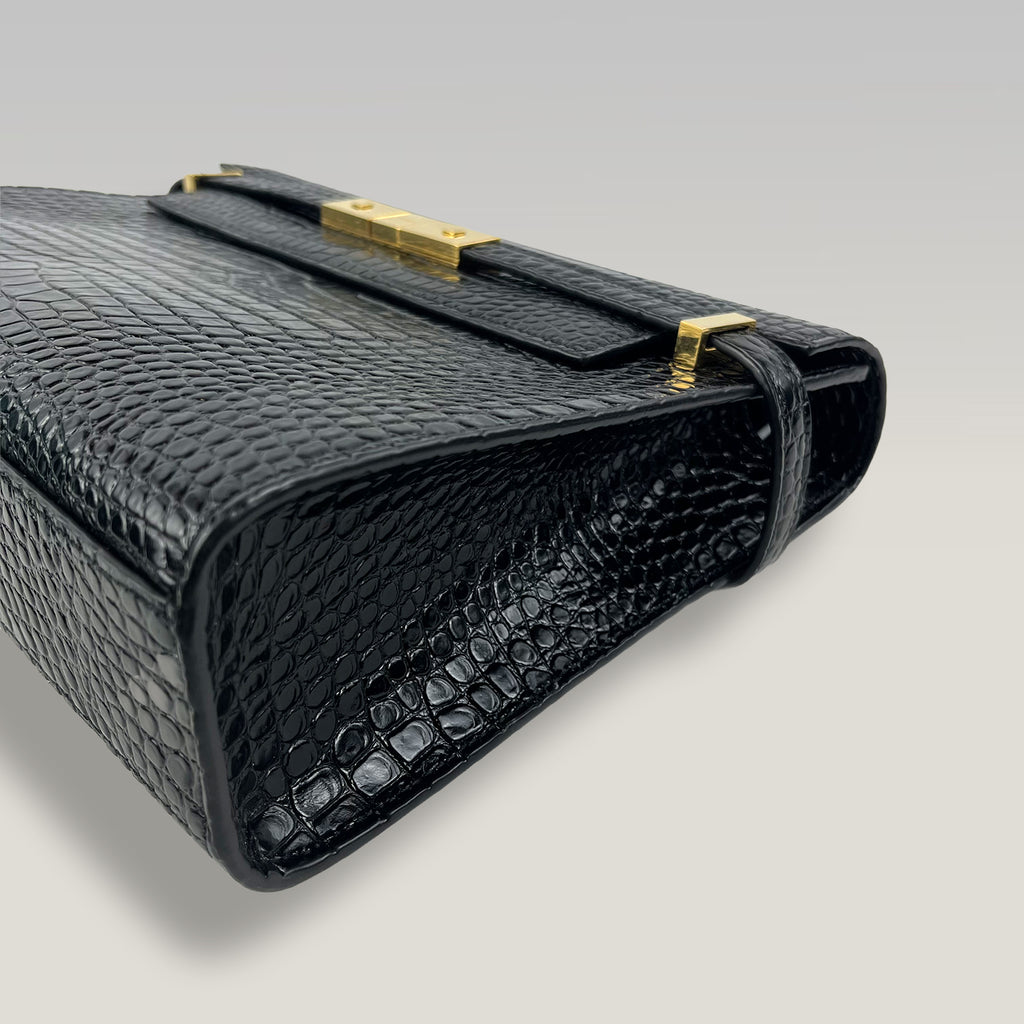 Saint Laurent Manhattan Medium Croc-Embossed Leather Shoulder Bag in Dark Green with Gold Hardware