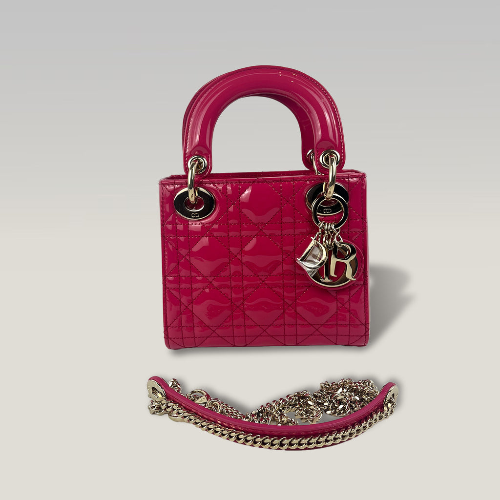 Dior Lady Dior Mini in Vernice Rosa Fucsia – Borsa Top Handle con Tracolla Donna 17 cm