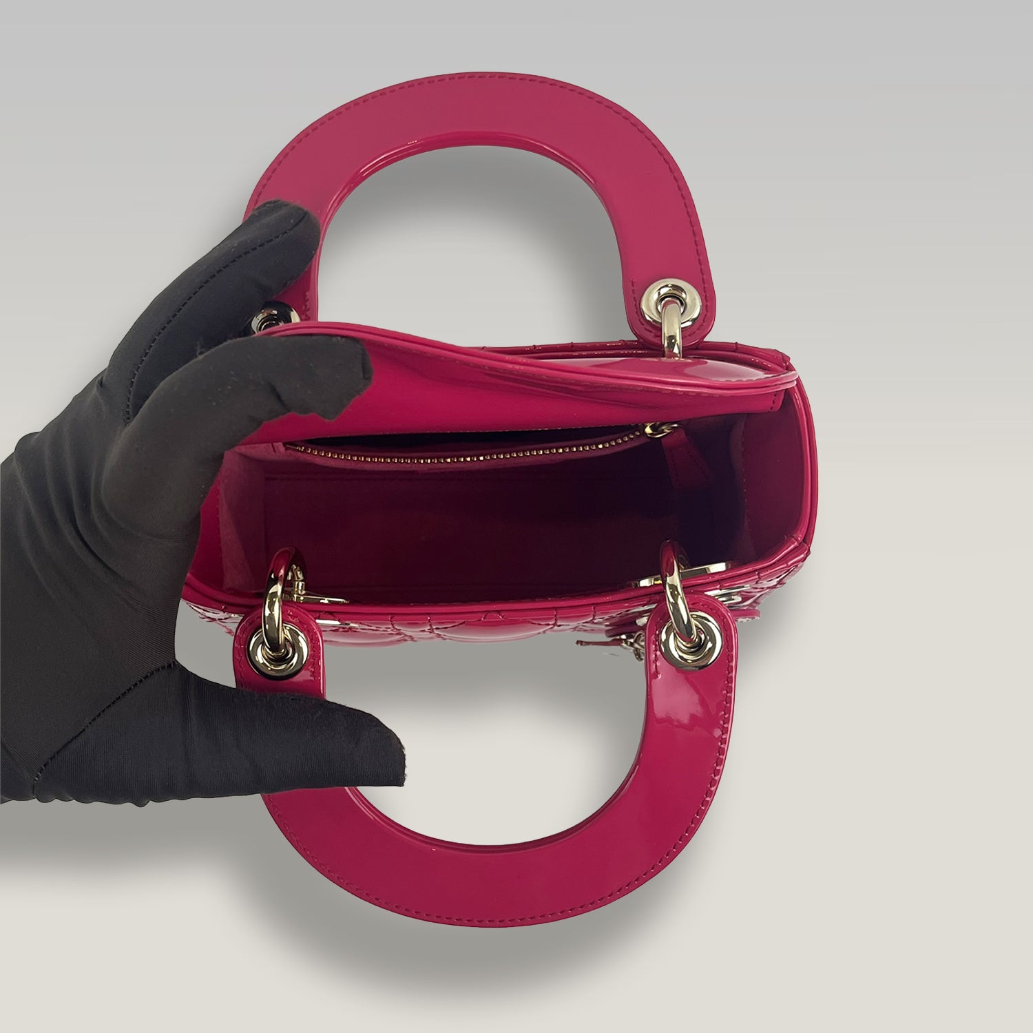 Dior Lady Dior Mini in Vernice Rosa Fucsia – Borsa Top Handle con Tracolla Donna 17 cm