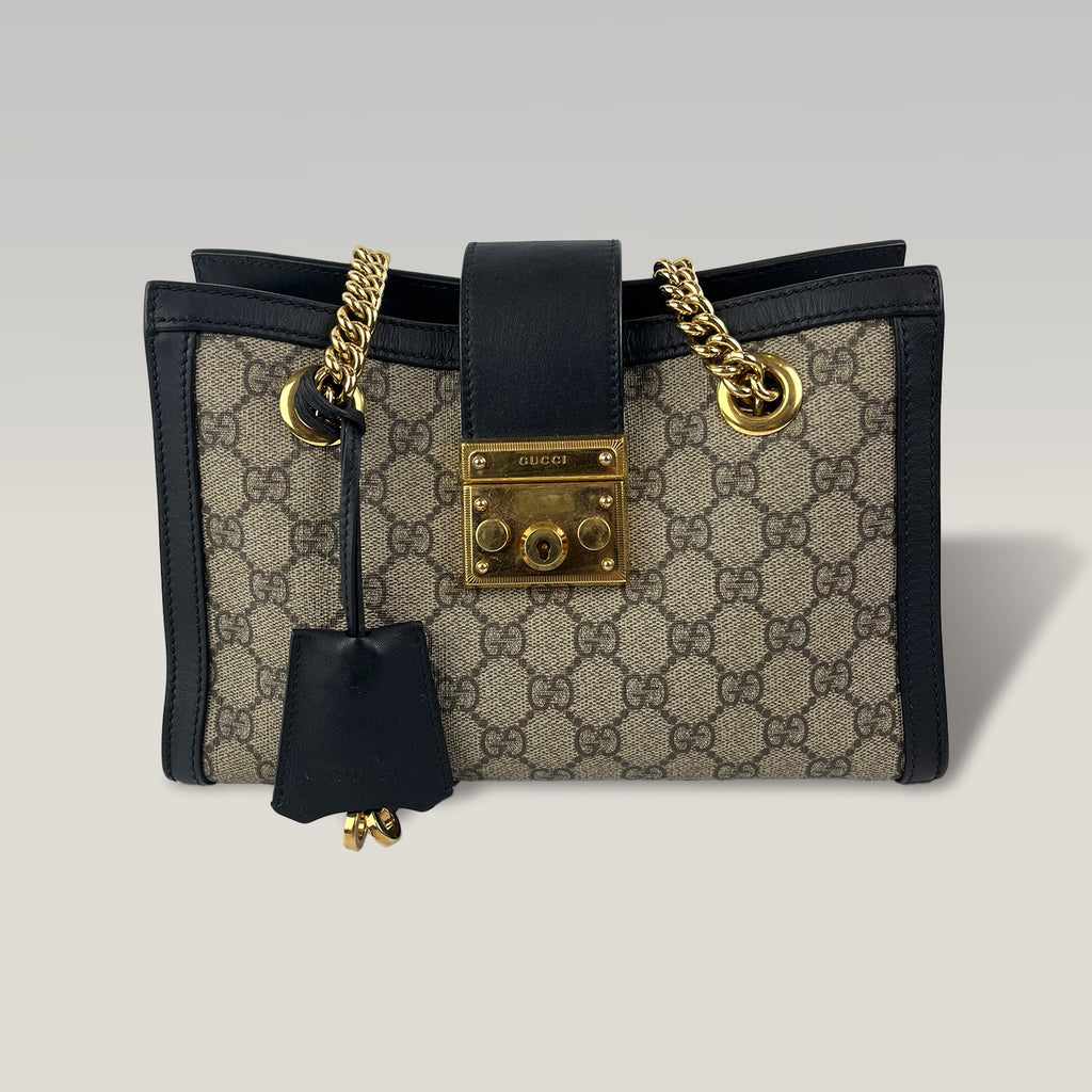 Gucci Padlock Small GG Supreme Canvas Shoulder Bag with Black Leather and Gold Hardware
