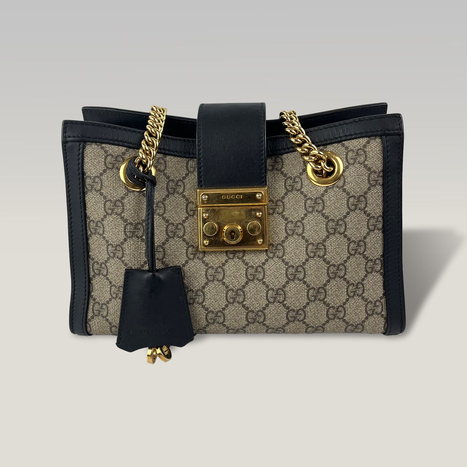 Gucci Padlock Small GG Supreme Canvas Shoulder Bag with Black Leather and Gold Hardware