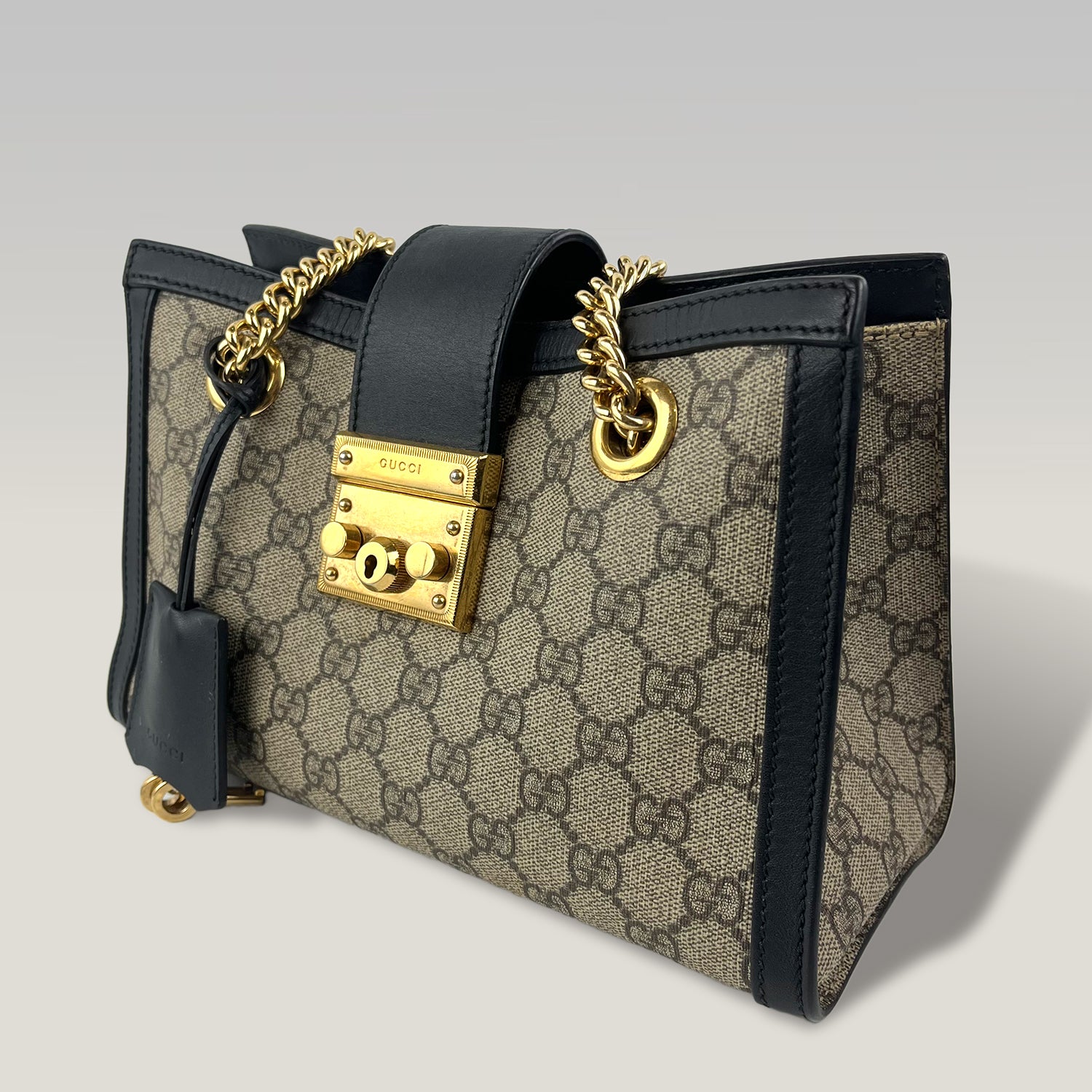 Gucci Padlock Small GG Supreme Canvas Shoulder Bag with Black Leather and Gold Hardware
