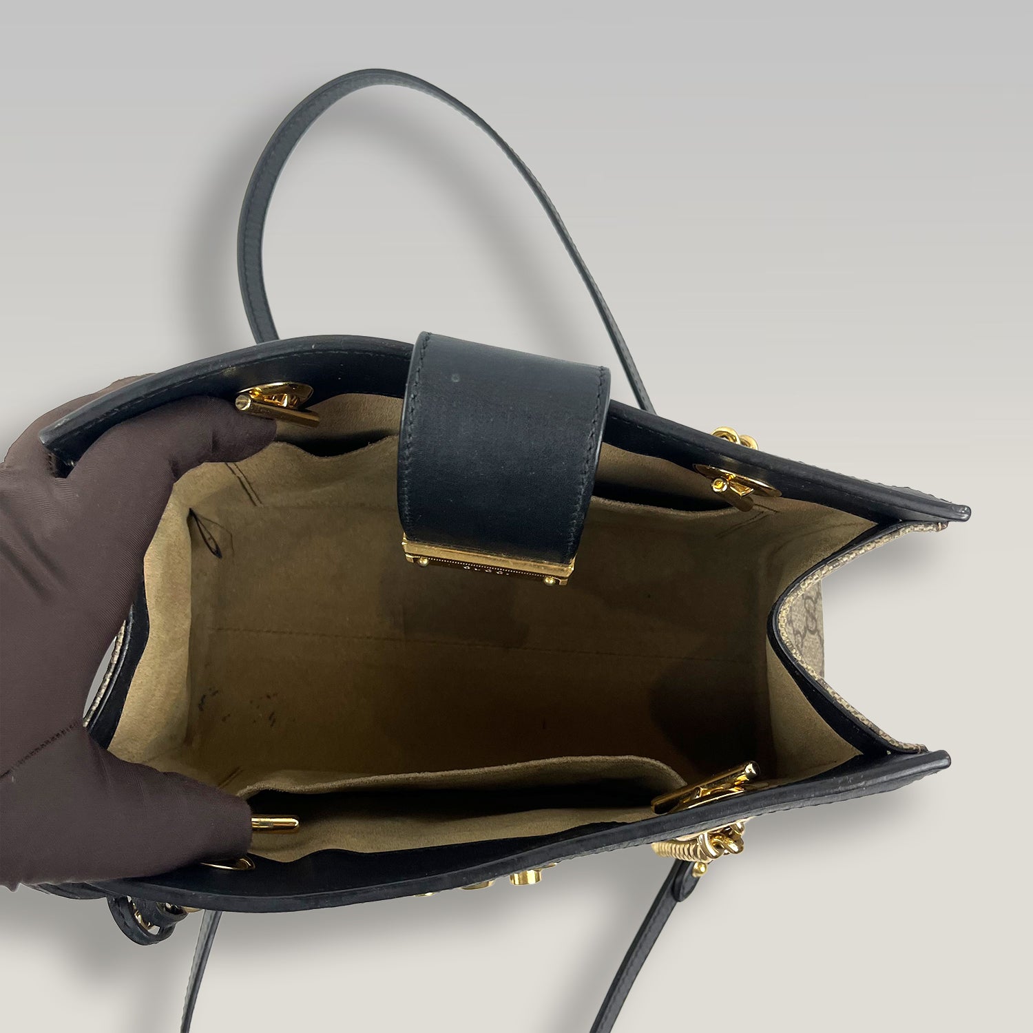 Gucci Padlock Small GG Supreme Canvas Shoulder Bag with Black Leather and Gold Hardware