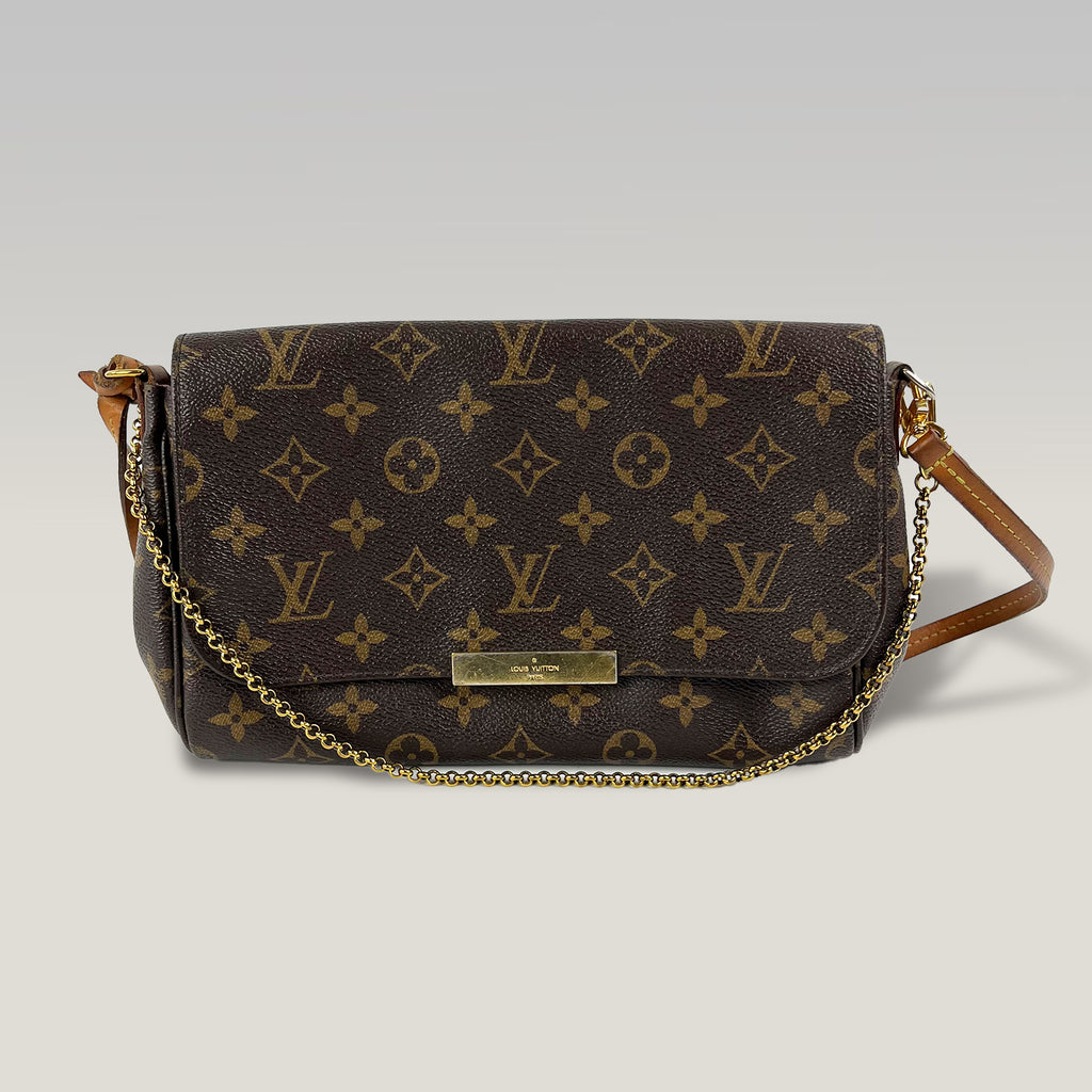 Louis Vuitton Favorite MM Monogram Canvas Shoulder Bag Marrone con Tracolla e Catena Oro 24 cm