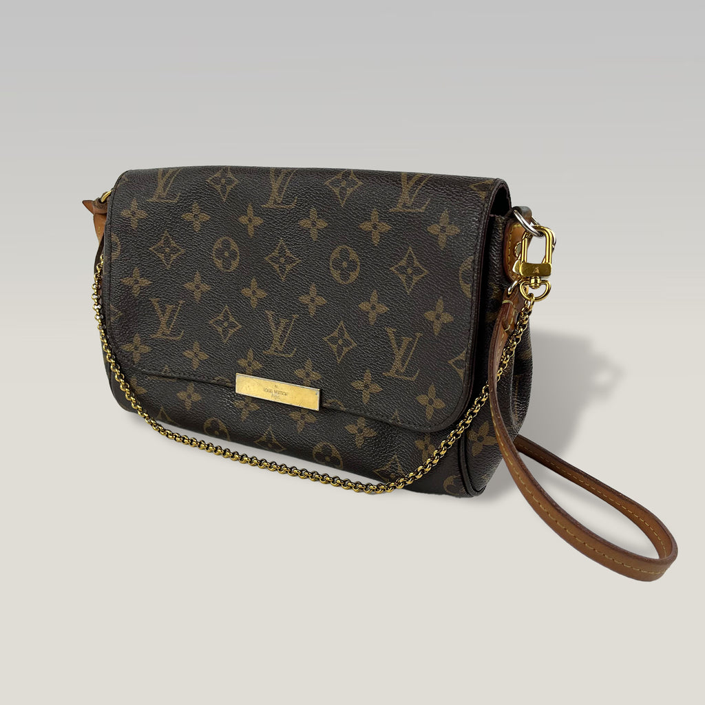 Louis Vuitton Favorite MM Monogram Canvas Shoulder Bag Marrone con Tracolla e Catena Oro 24 cm