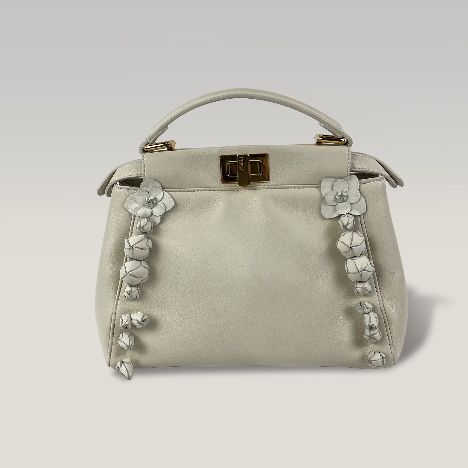 Fendi Peekaboo Mini White Leather Top Handle Bag with Floral Details