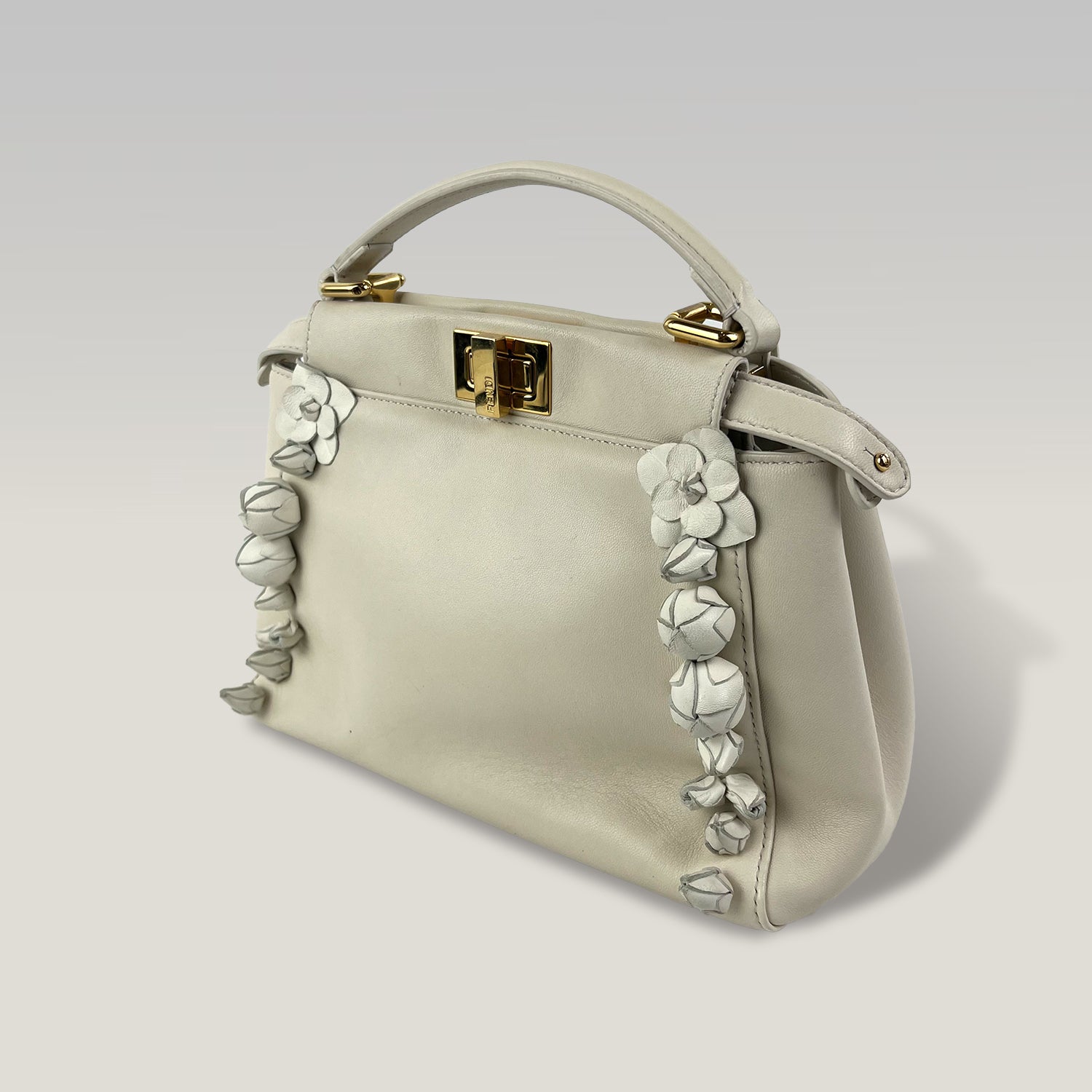 Fendi Peekaboo Mini White Leather Top Handle Bag with Floral Details
