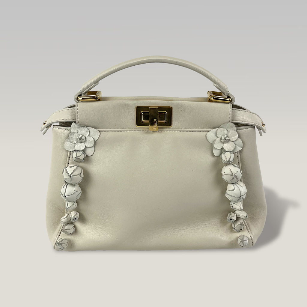 Fendi Peekaboo Mini White Leather Top Handle Bag with Floral Details