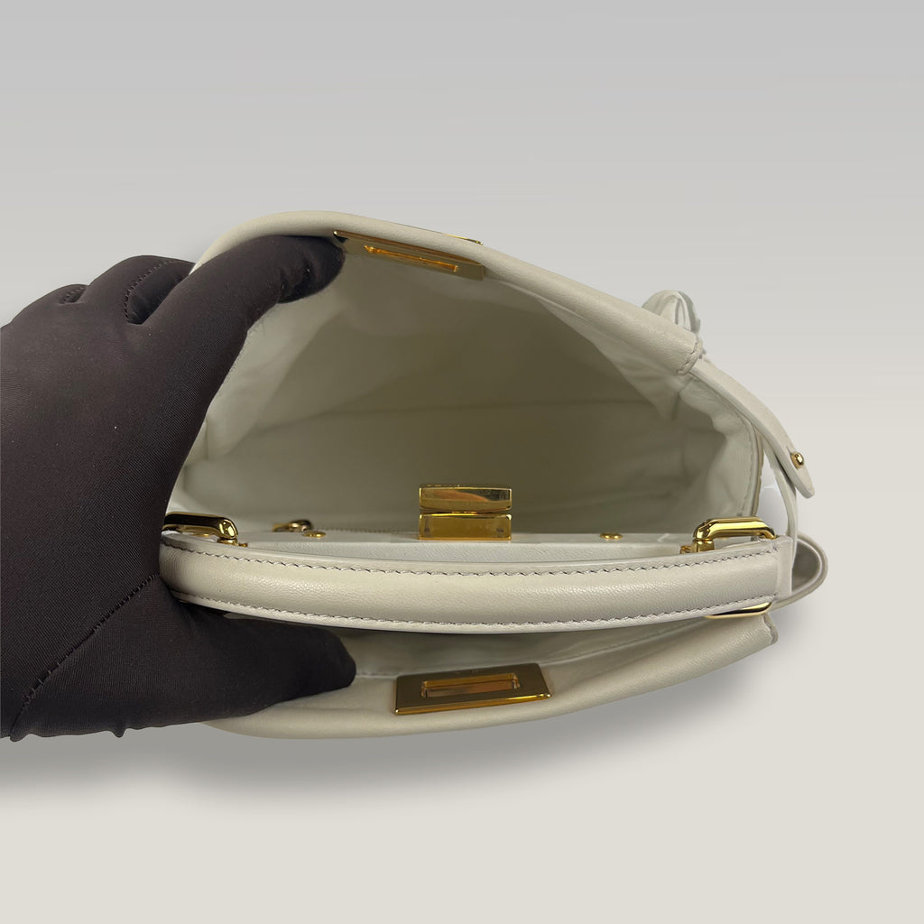 Fendi Peekaboo Mini White Leather Top Handle Bag with Floral Details