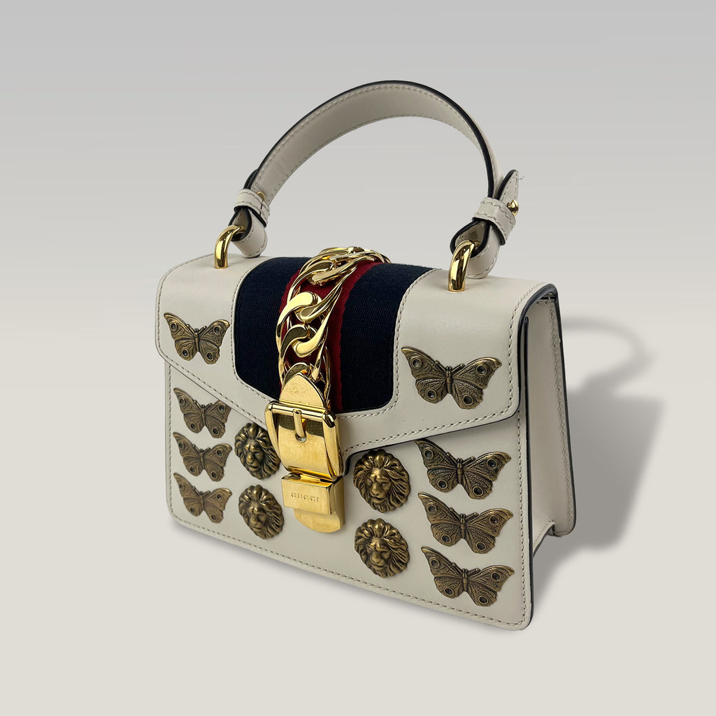 Gucci Sylvie Mini Animal Studs Top Handle Bag Off White Leather Shoulder Bag