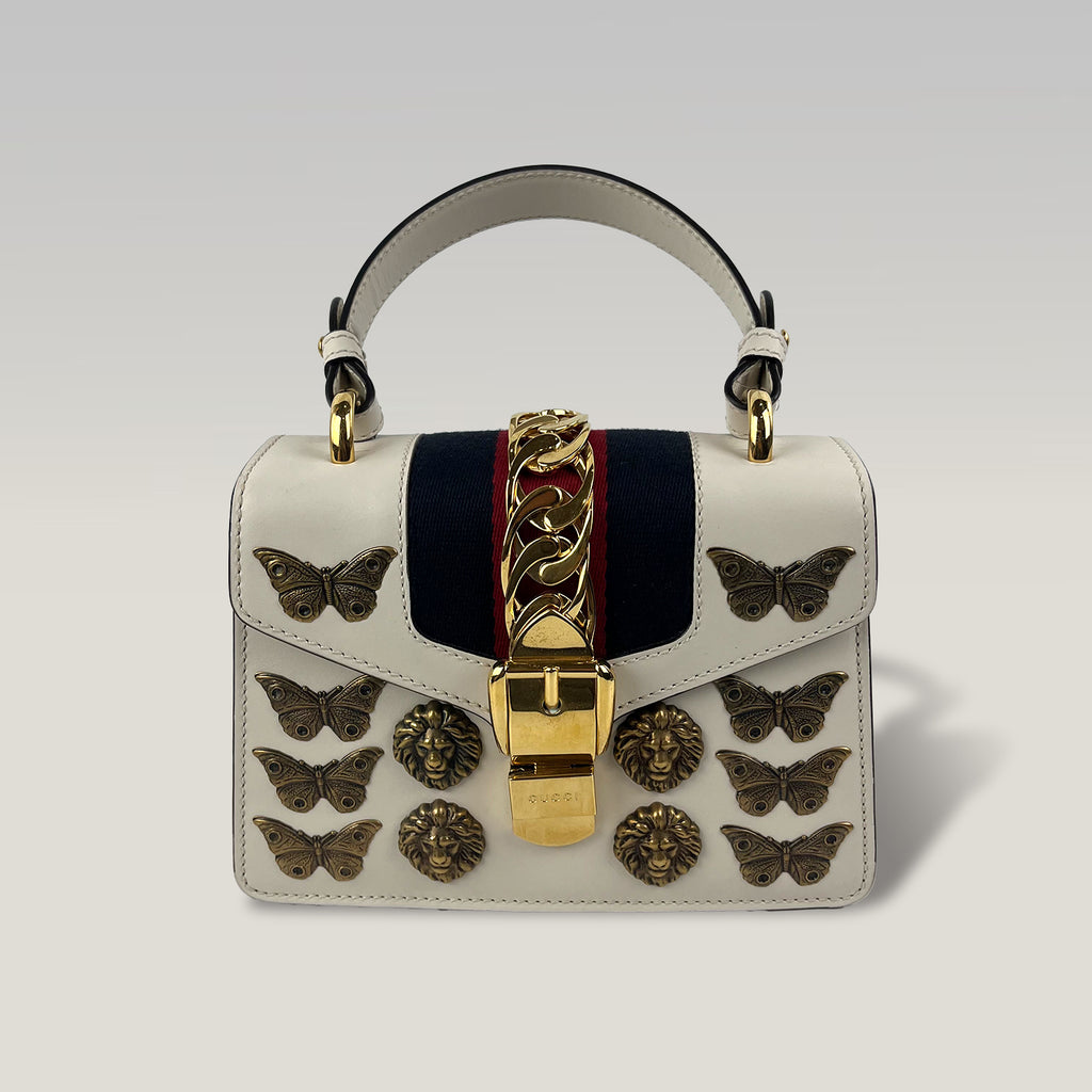 Gucci Sylvie Mini Animal Studs Top Handle Bag Off White Leather Shoulder Bag