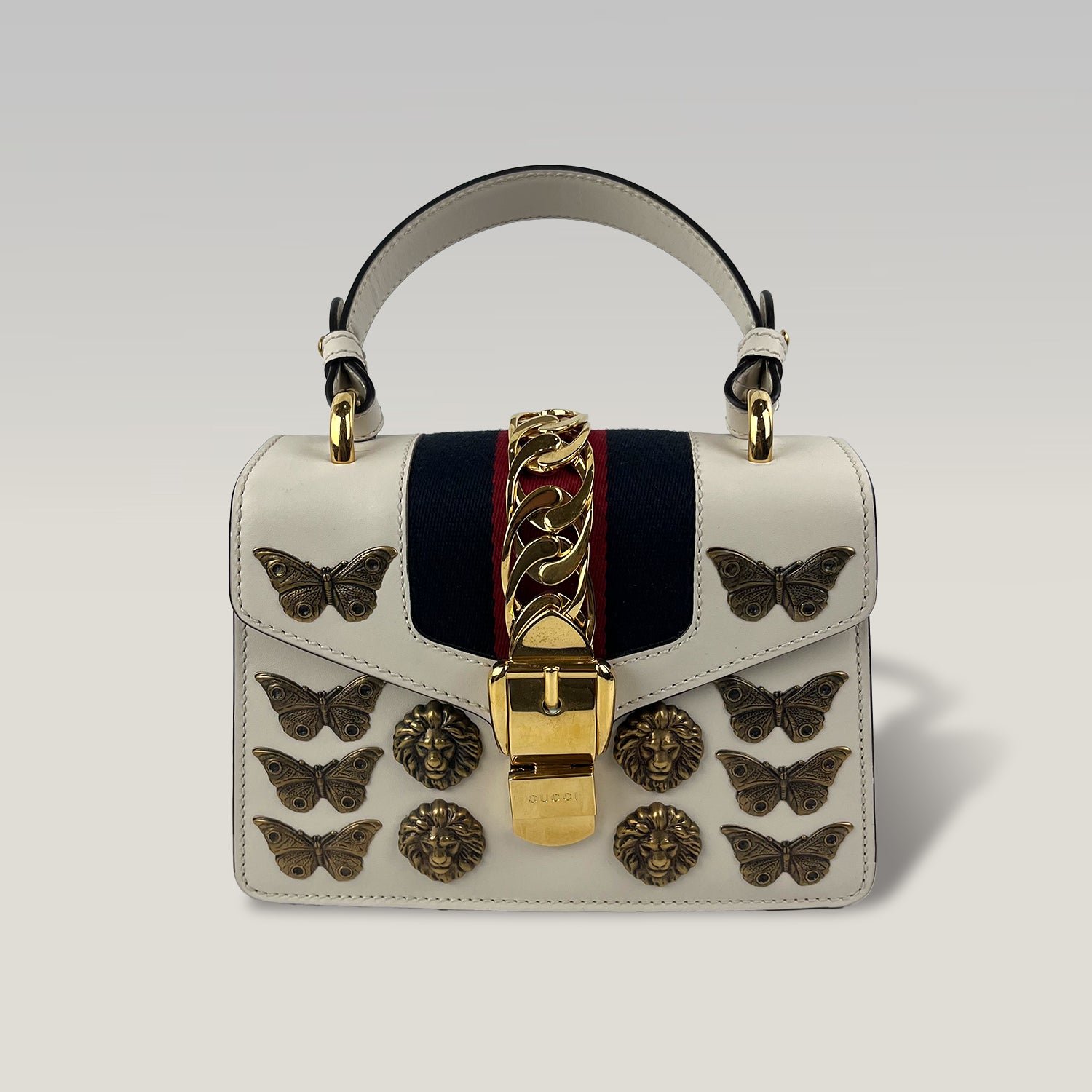 Gucci Sylvie Mini Animal Studs Top Handle Bag Off White Leather Shoulder Bag