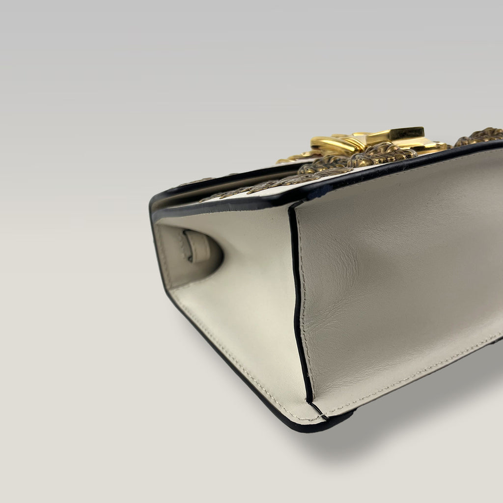 Gucci Sylvie Mini Animal Studs Top Handle Bag Off White Leather Shoulder Bag