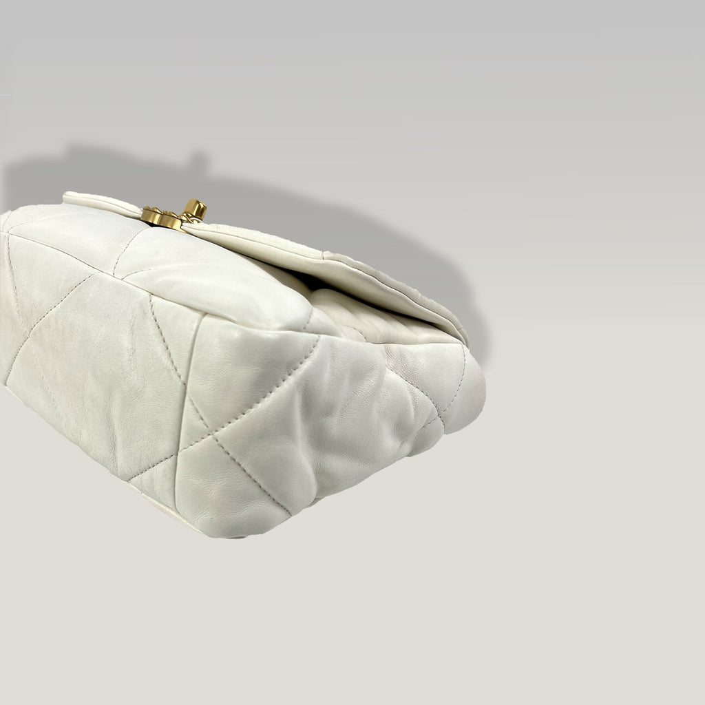 Chanel 19 Small in White Leather with Gold Hardware and Mixed Chain 