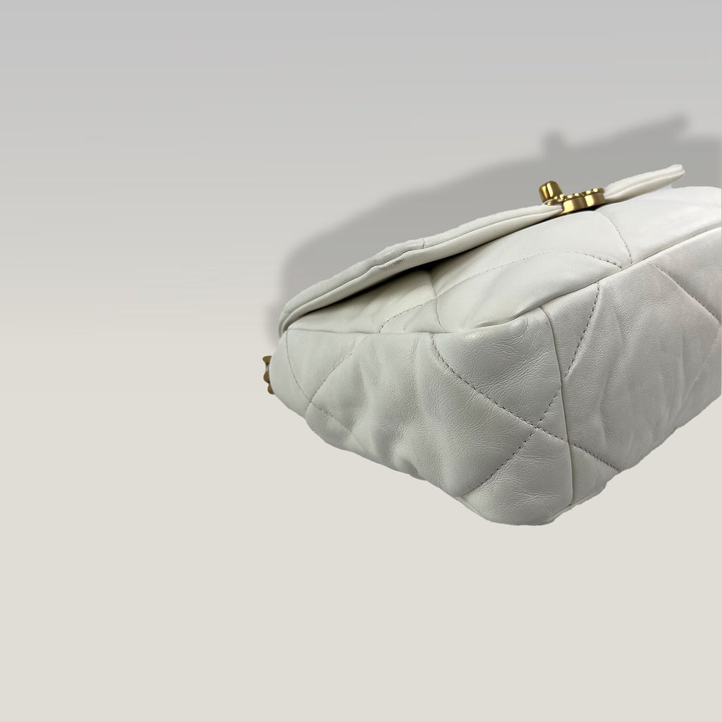 Chanel 19 Small in White Leather with Gold Hardware and Mixed Chain 