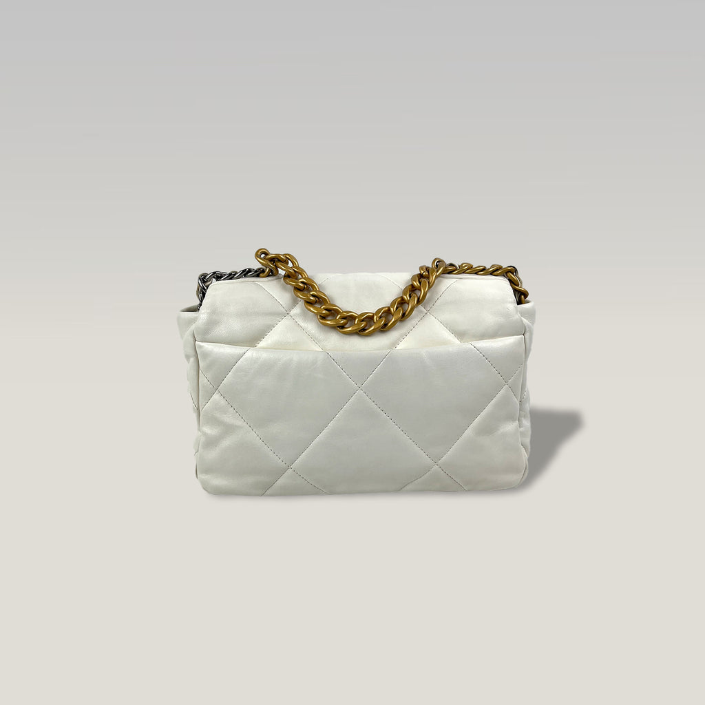 Chanel 19 Small in White Leather with Gold Hardware and Mixed Chain 