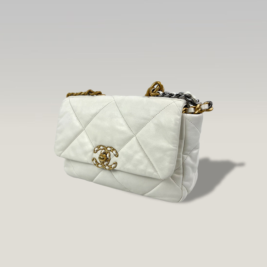 Chanel 19 Small in White Leather with Gold Hardware and Mixed Chain 