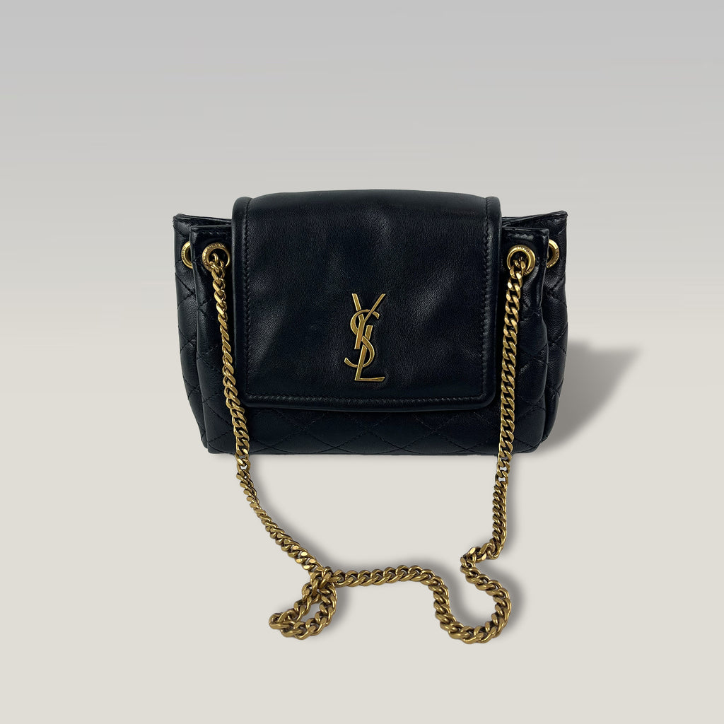 Saint Laurent Nolita Mini Quilted Leather Chain Shoulder Bag in Black with Gold Hardware