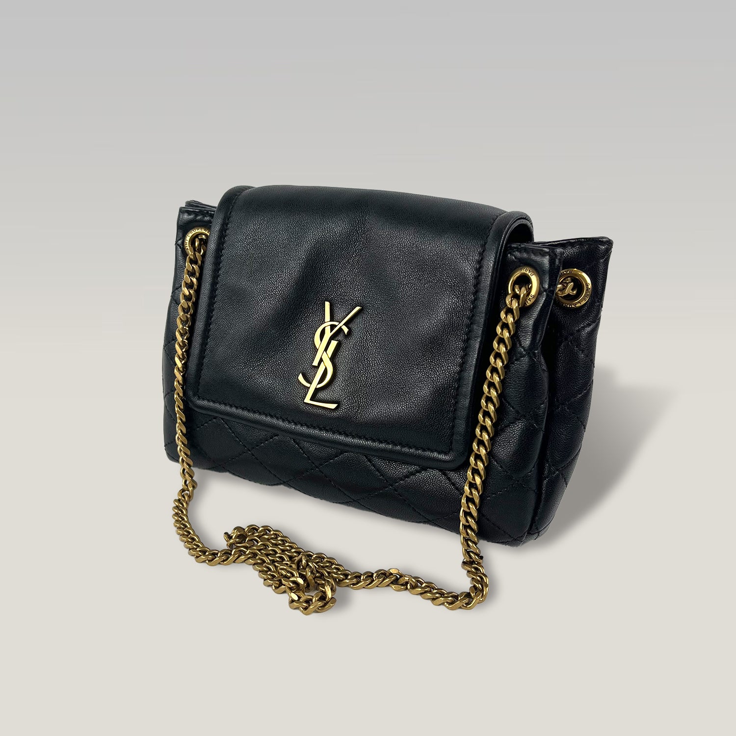 Saint Laurent Nolita Mini Quilted Leather Chain Shoulder Bag in Black with Gold Hardware