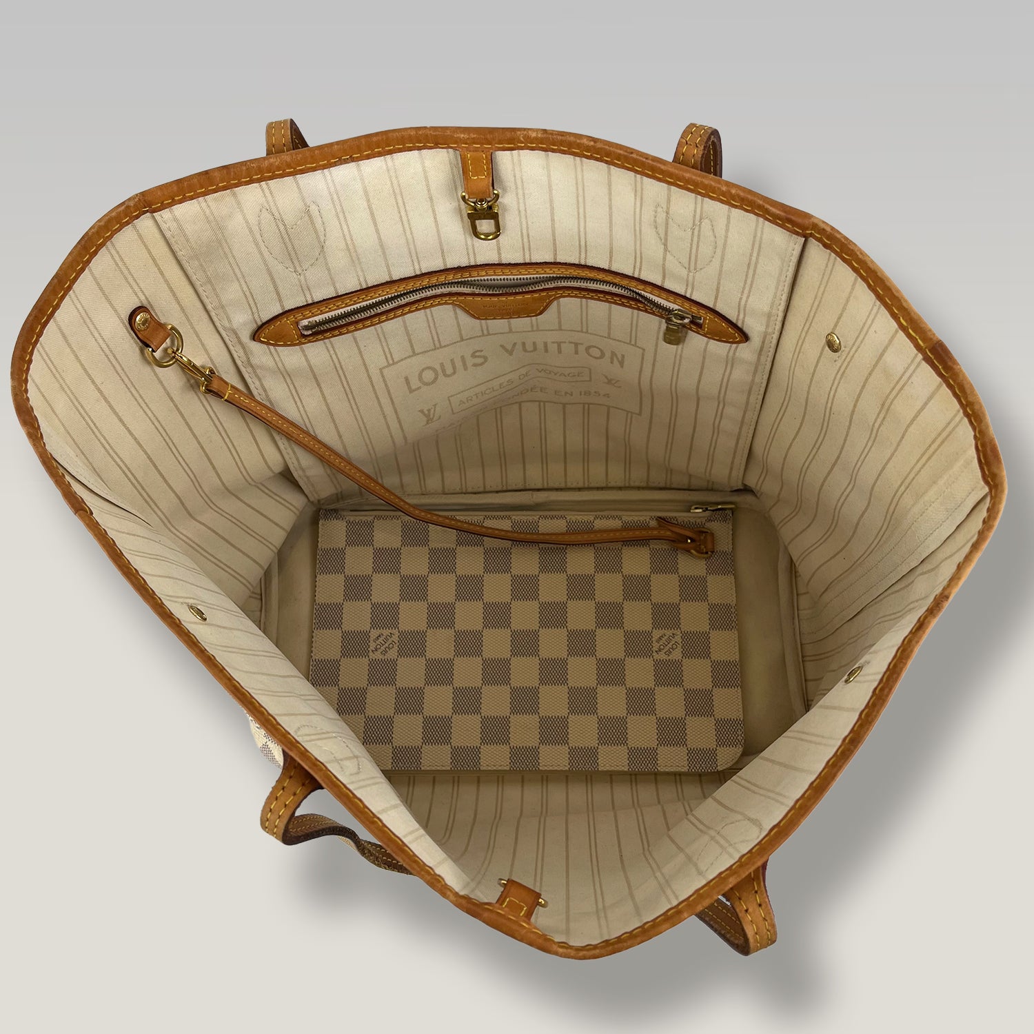 Louis Vuitton Neverfull MM Damier Azur Tote Bag in Tela Monogram con Finiture in Pelle Naturale