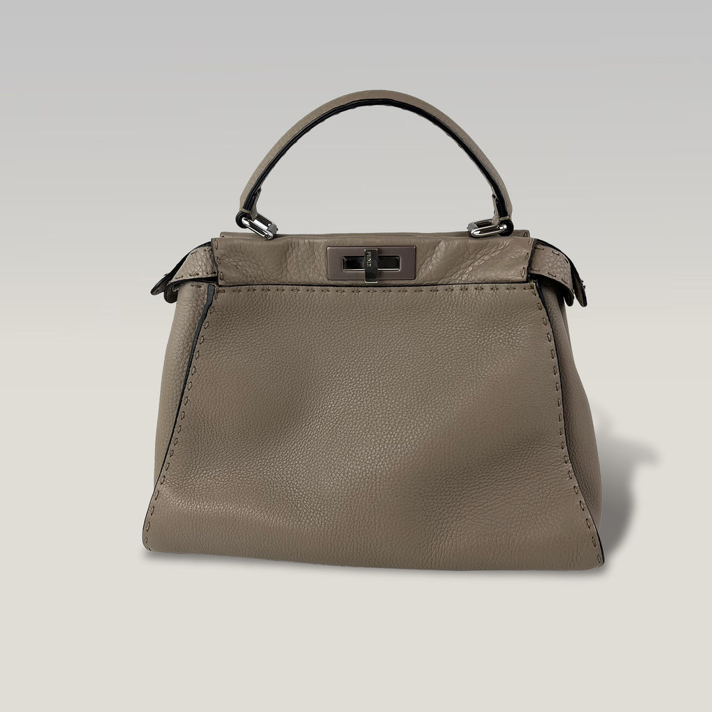 Fendi Peekaboo Medium Selleria Leather Top Handle Bag in Taupe with Palladium Hardware