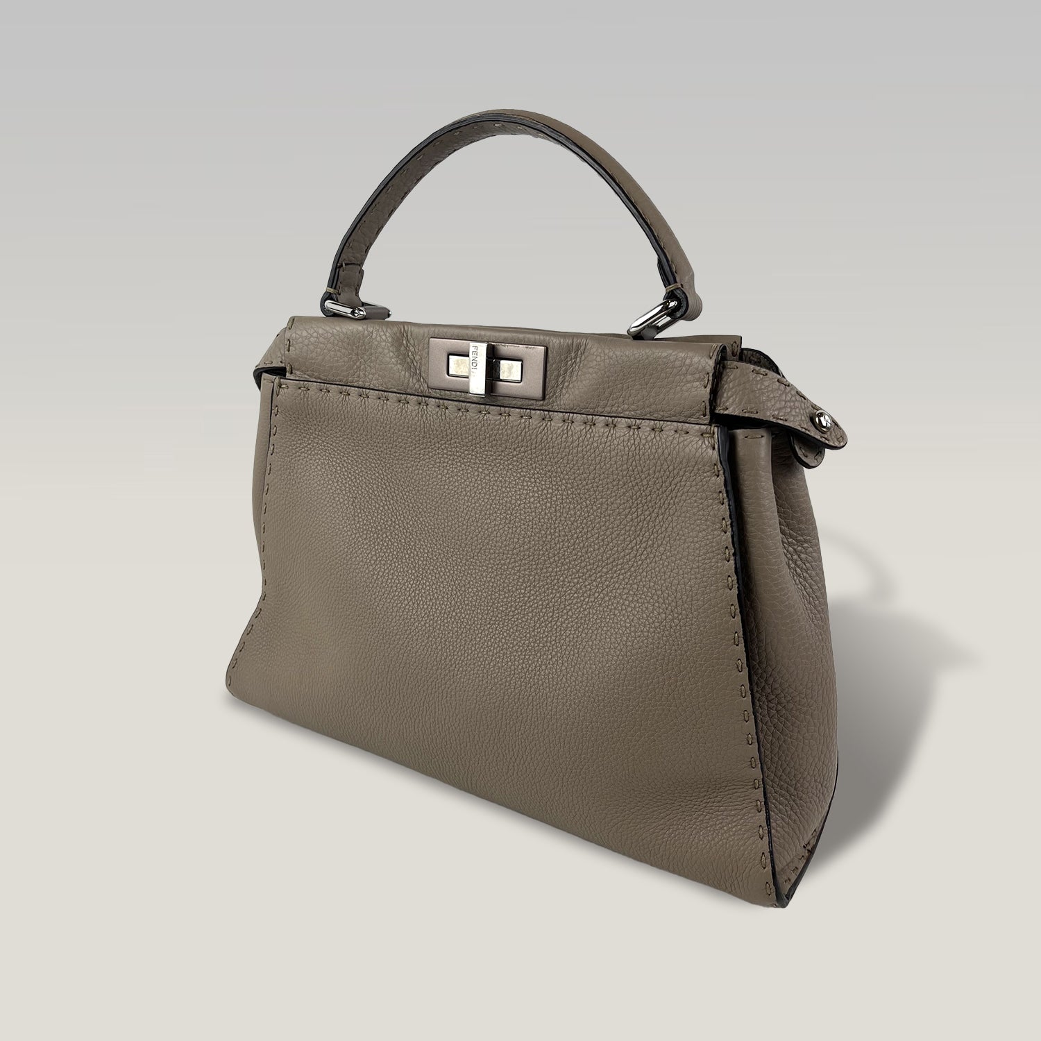 Fendi Peekaboo Medium Selleria Leather Top Handle Bag in Taupe with Palladium Hardware