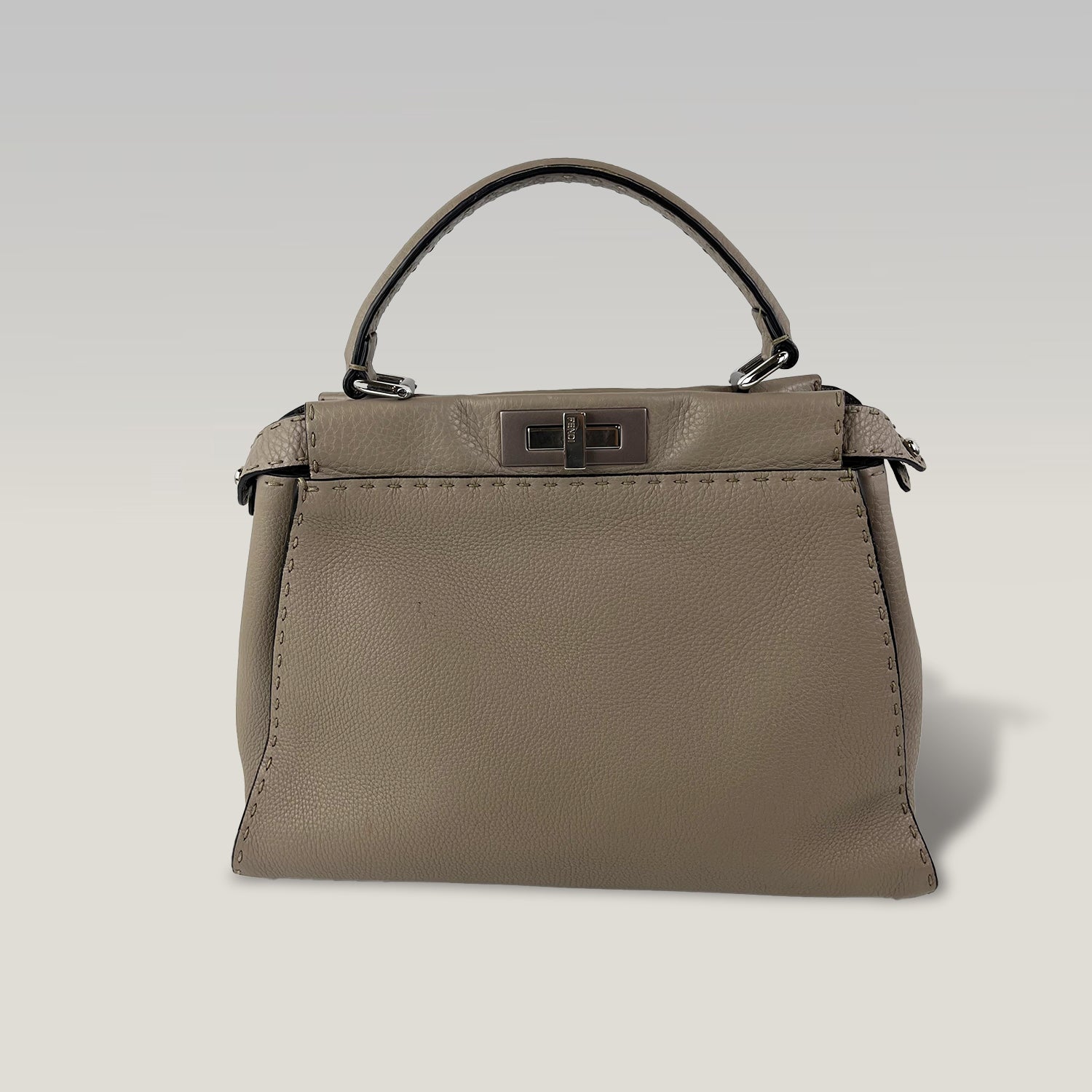Fendi Peekaboo Medium Selleria Leather Top Handle Bag in Taupe with Palladium Hardware