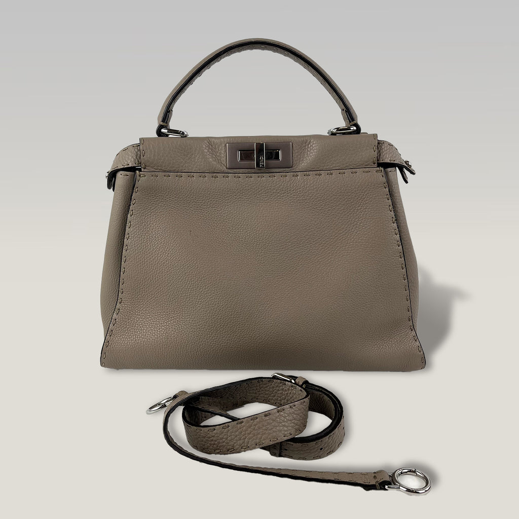 Fendi Peekaboo Medium Selleria Leather Top Handle Bag in Taupe with Palladium Hardware