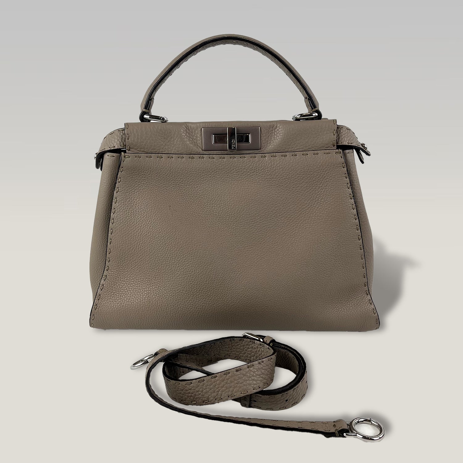 Fendi Peekaboo Medium Selleria Leather Top Handle Bag in Taupe with Palladium Hardware